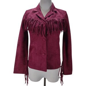 Vintage 70s Burgundy Western Fringe Jacket Size XS Rancher Hippie Vegan Suede